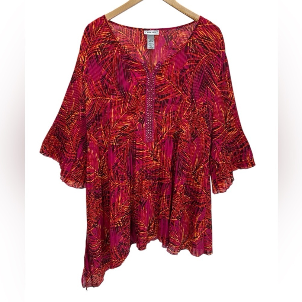 Catherine’s Beaded Asymmetric Micro Pleated Blouse Red Orange Plus Curvy 2X